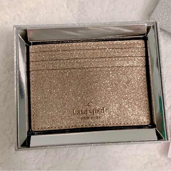 KATE SPADE Tinsel Glitter Boxed Slim ID Credit Card Holder Wallet Rose Gold NWT - Picture 6 of 12